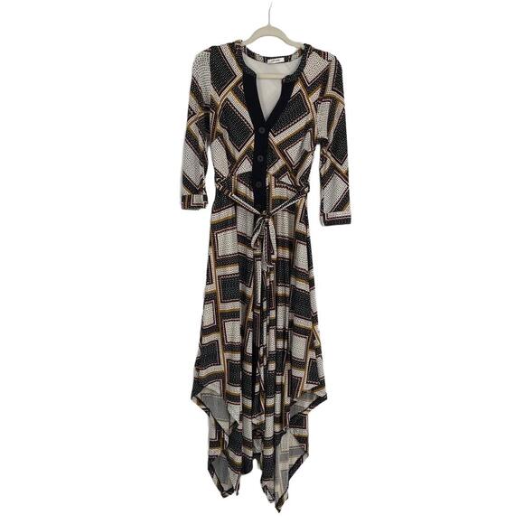 eshakti Dresses & Skirts - eShakti Women's Black Geometric Pattern Handkerchief Hem High Low Dress Size 0